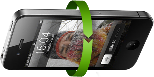 Illustration of an iPhone rotating in space to show device orientation with a green arrow and a crazy photo of me in the February 2011 Chicago blizzard as the wallpaper
